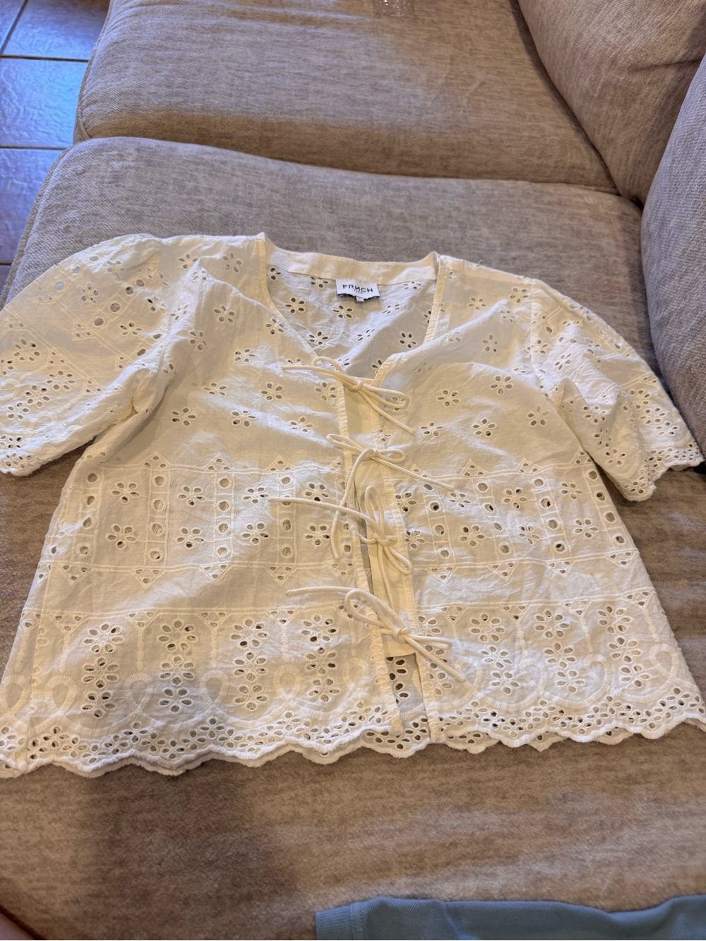 FRNCH Azra Cream Eyelet Tie-Front Puff Sleeve Scalloped Hem Blouse